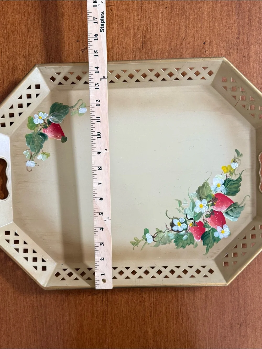 Vintage Nashco Tolware Metal Hand Painted Serving Tray with Strawberry Motif